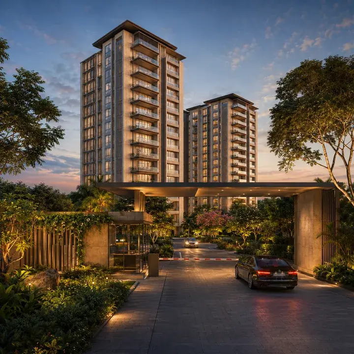 SNN Raj Azaleas gated entrance and landscaped arrival driveway with the towers behind