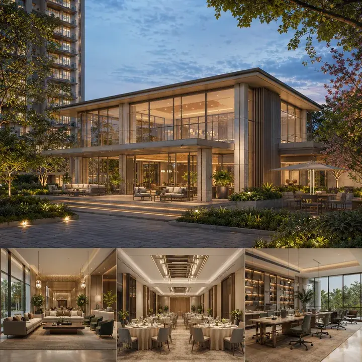SNN Raj Azaleas clubhouse with lounge, banquet hall and co-working interiors