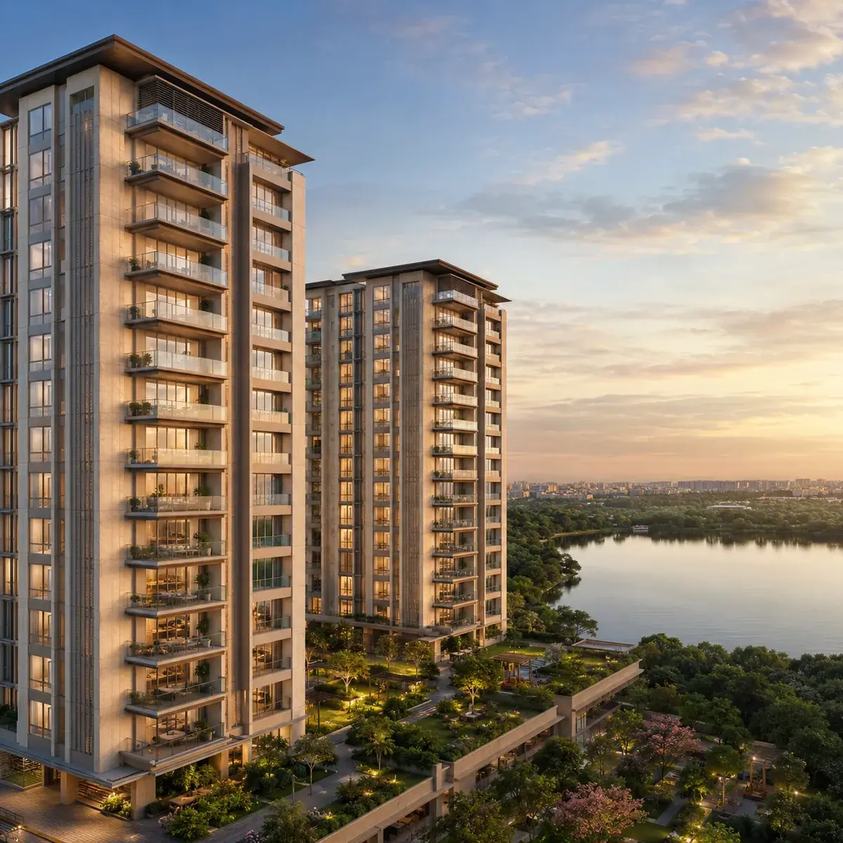 SNN Raj Azaleas residential towers rising beside the lake at dusk