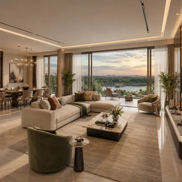 SNN Raj Azaleas living and dining interior with floor-to-ceiling windows framing the lake view